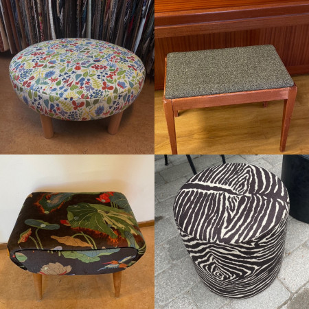 Pallar omklädda med tyger från bl a Le Zebra, Baker, Ljunbergs (Stig Lindberg).