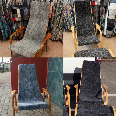Laminofåtöljer omklädda i olika fårskinn.